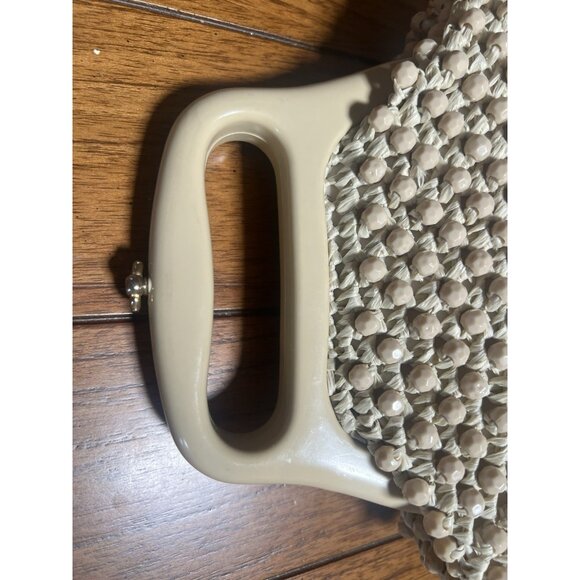 Gaymode Italy Purse Raffia Beaded Cream Beige Celluloid Handle 8” x 8” Clean - Picture 7 of 16